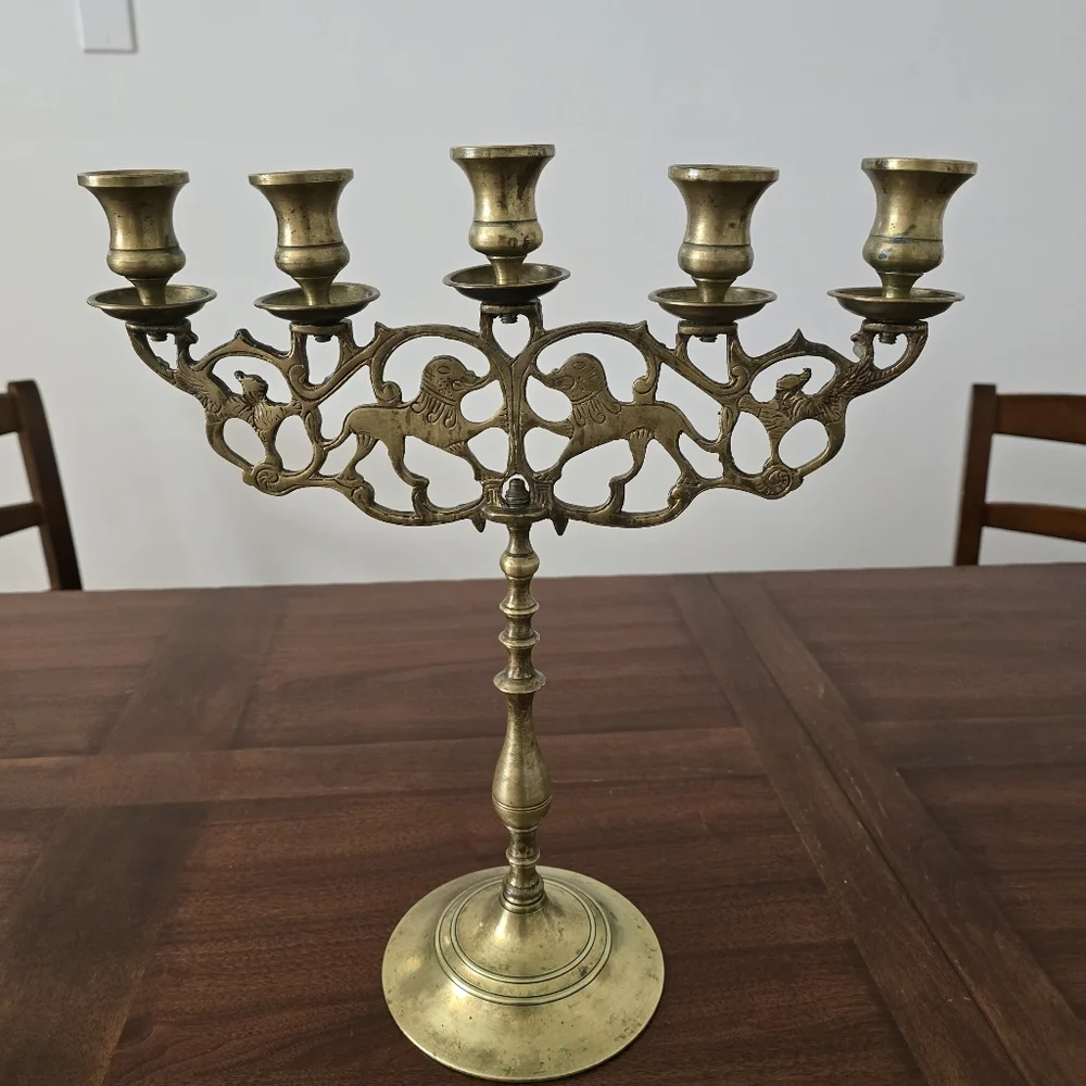 Antique Brass Five Branch Candelabra‎ ''Lions of Judah'' Judaic Candle Holder